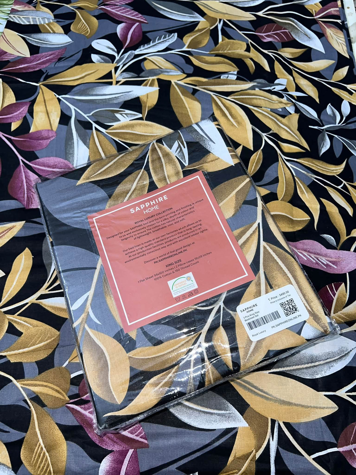 King Size Cotton Flat Bedsheet Set | Black Brown Floral Print | With 2 Stitched Pillow Covers