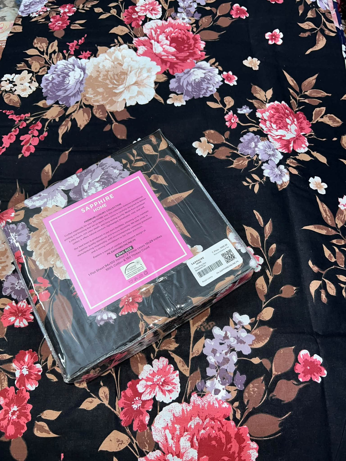 King Size Cotton Flat Bedsheet Set | Black Red Floral Print | With 2 Stitched Pillow Covers (Copy)
