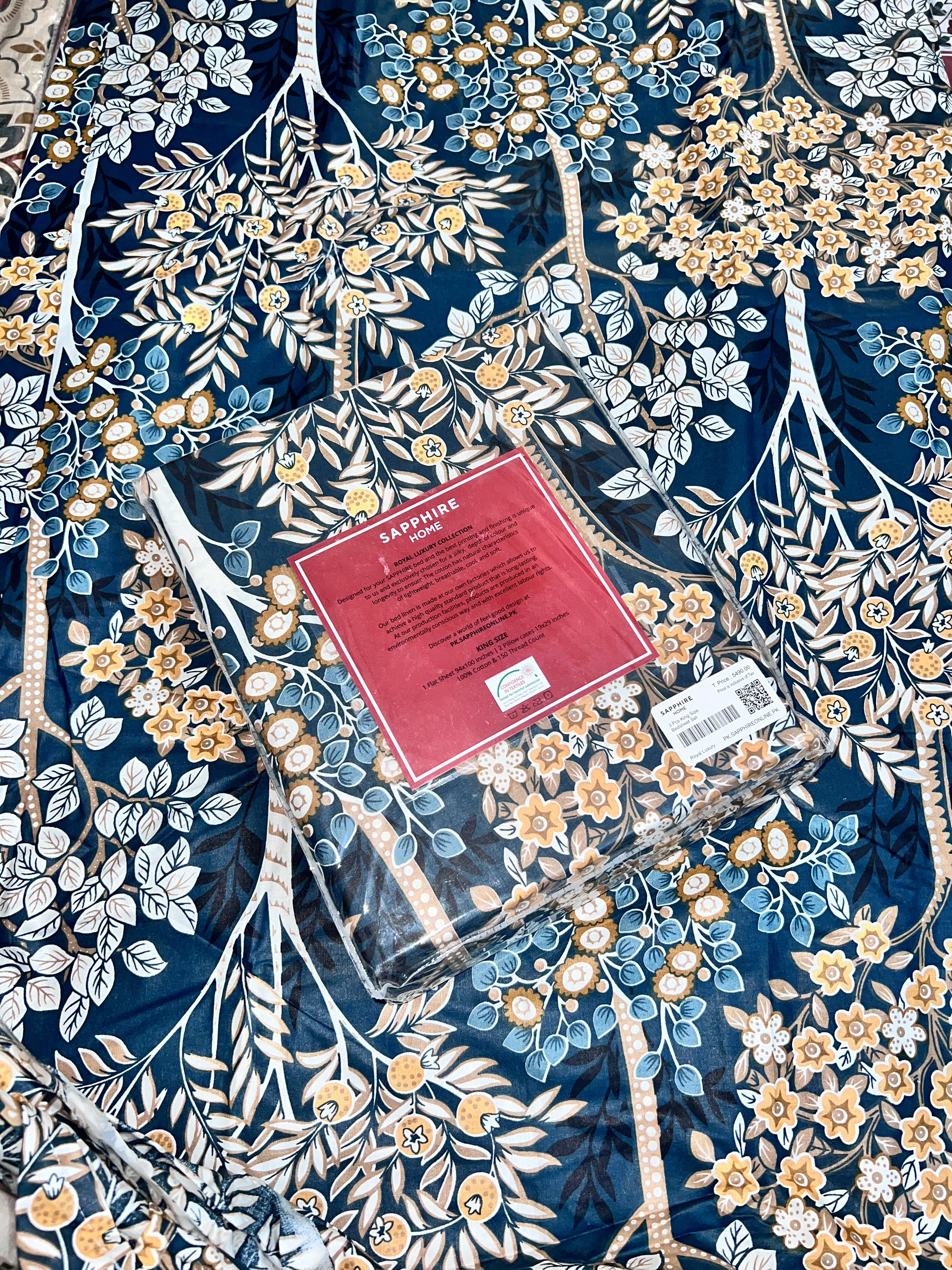 King Size Cotton Flat Bedsheet Set | Blue Floral Print | With 2 Stitched Pillow Covers