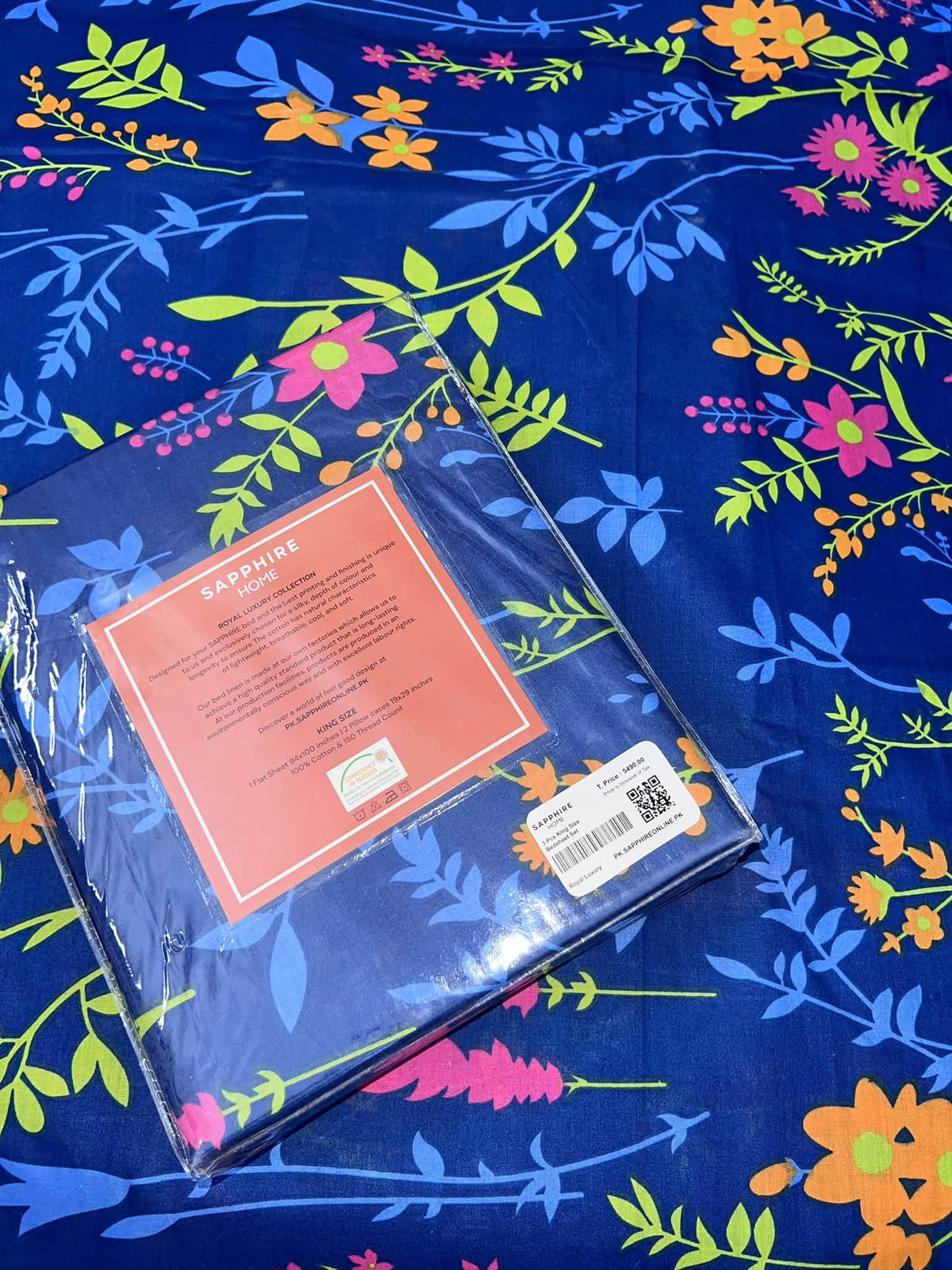 King Size Cotton Flat Bedsheet Set | Blue Pink Floral Print | With 2 Stitched Pillow Covers