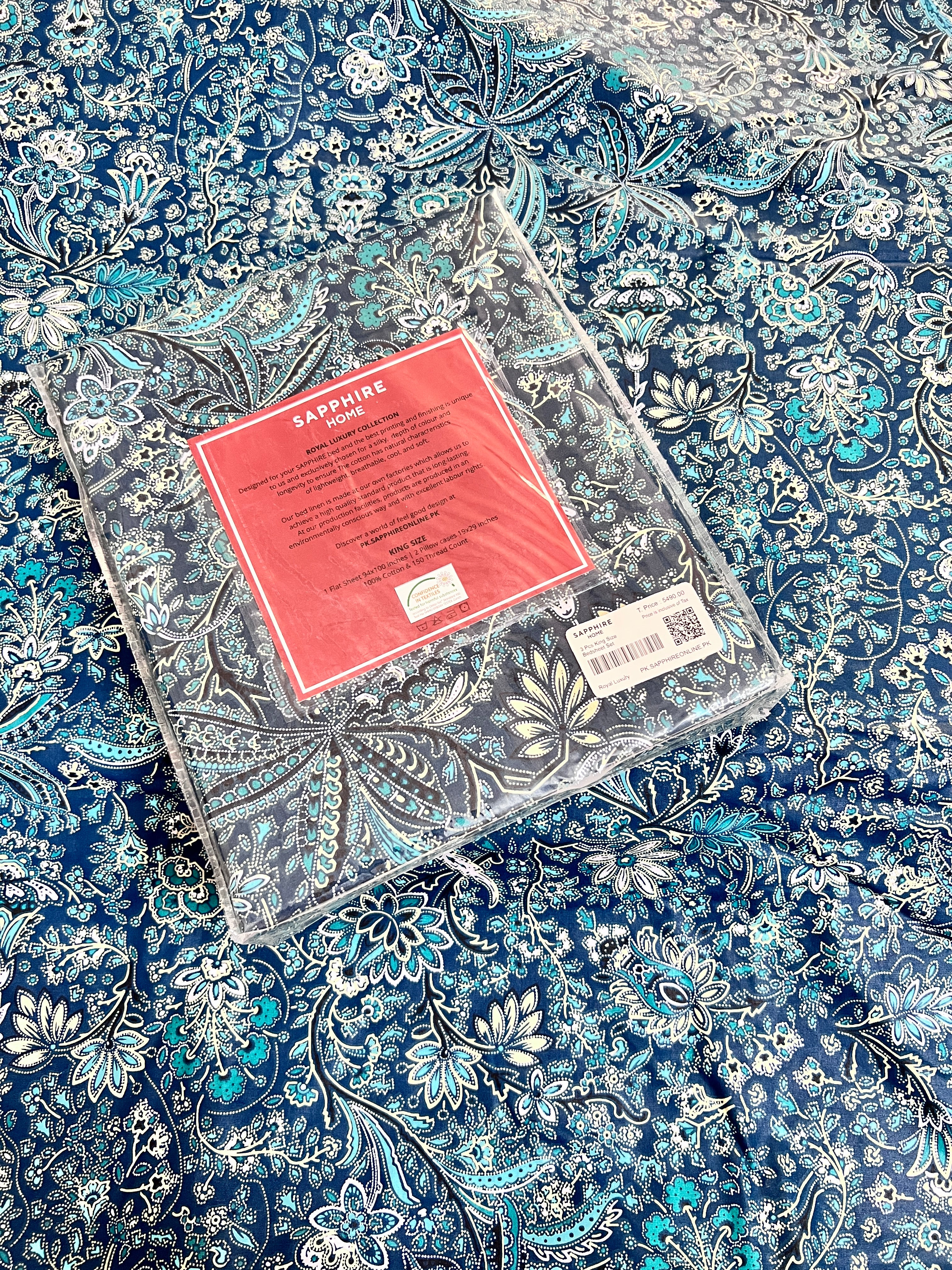 King Size Cotton Flat Bedsheet Set | Blue White Floral Print | With 2 Stitched Pillow Covers
