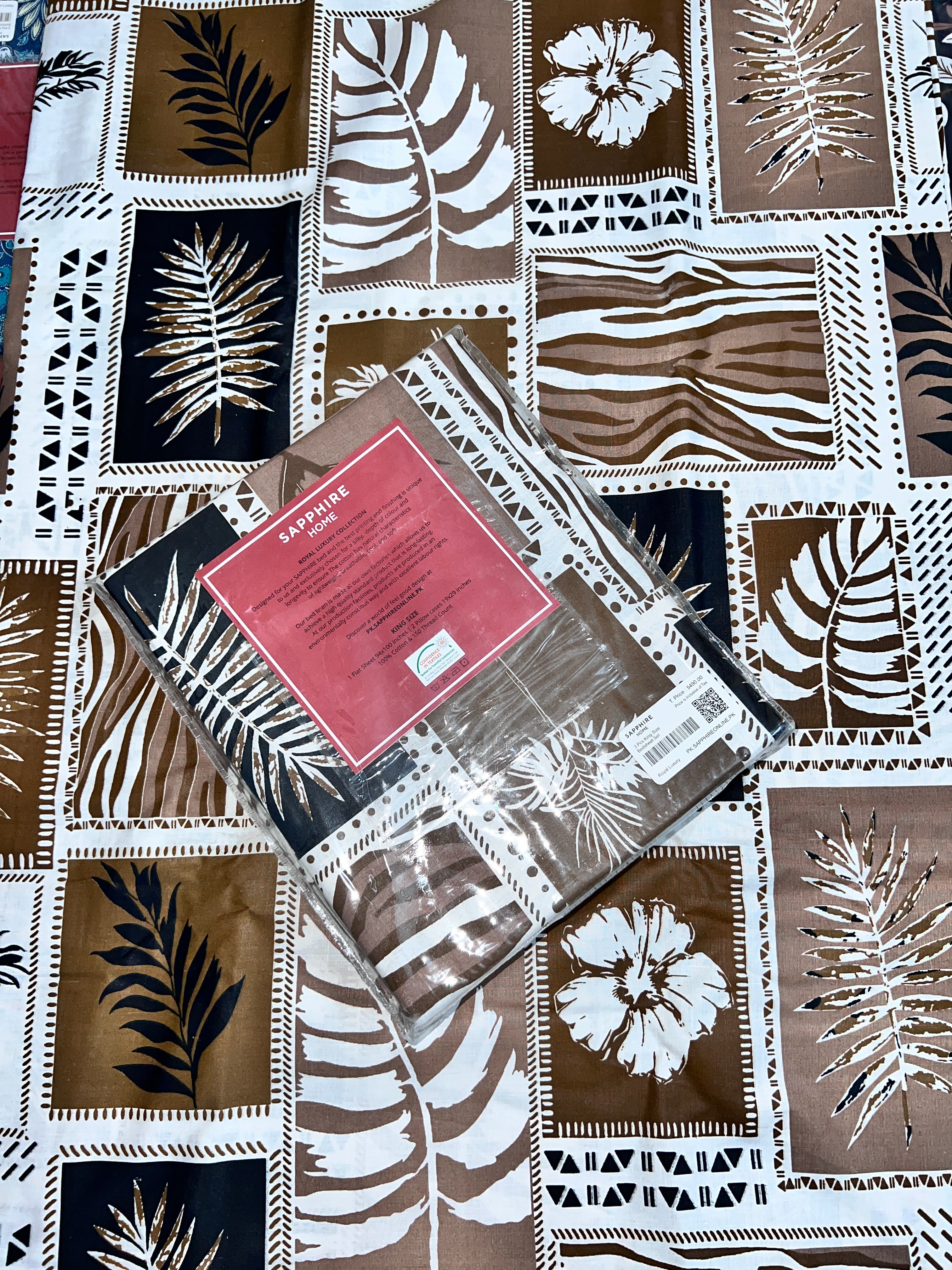 King Size Cotton Flat Bedsheet Set | Brown Geometric Print | With 2 Stitched Pillow Covers