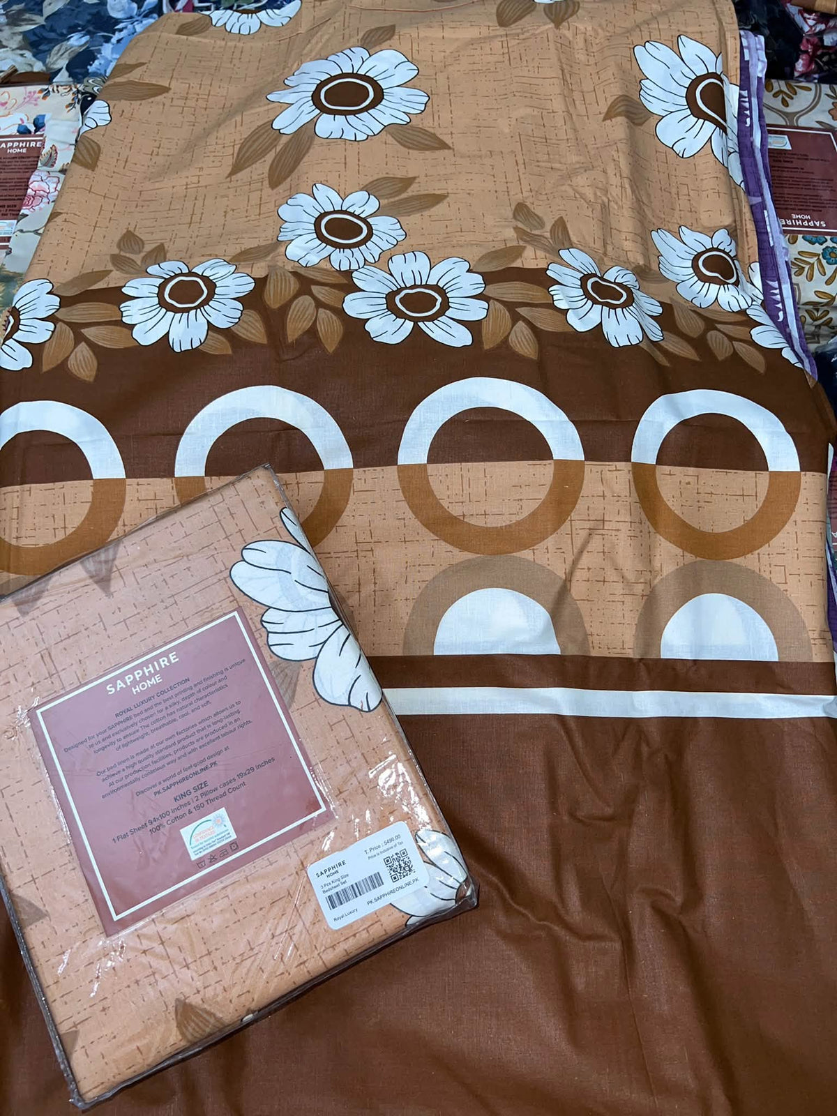 King Size Cotton Flat Bedsheet Set | Brown White Floral Print | With 2 Stitched Pillow Covers