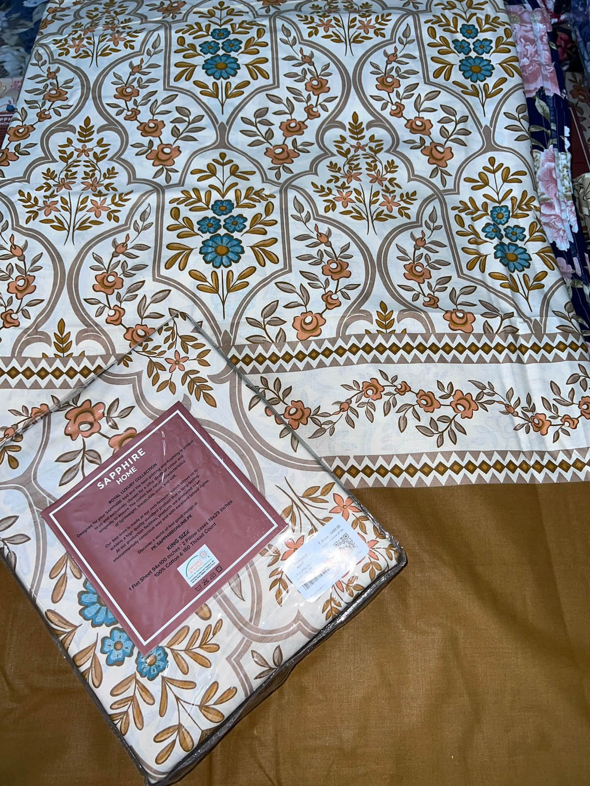 King Size Cotton Flat Bedsheet Set | Brown Floral Print | With 2 Stitched Pillow Covers
