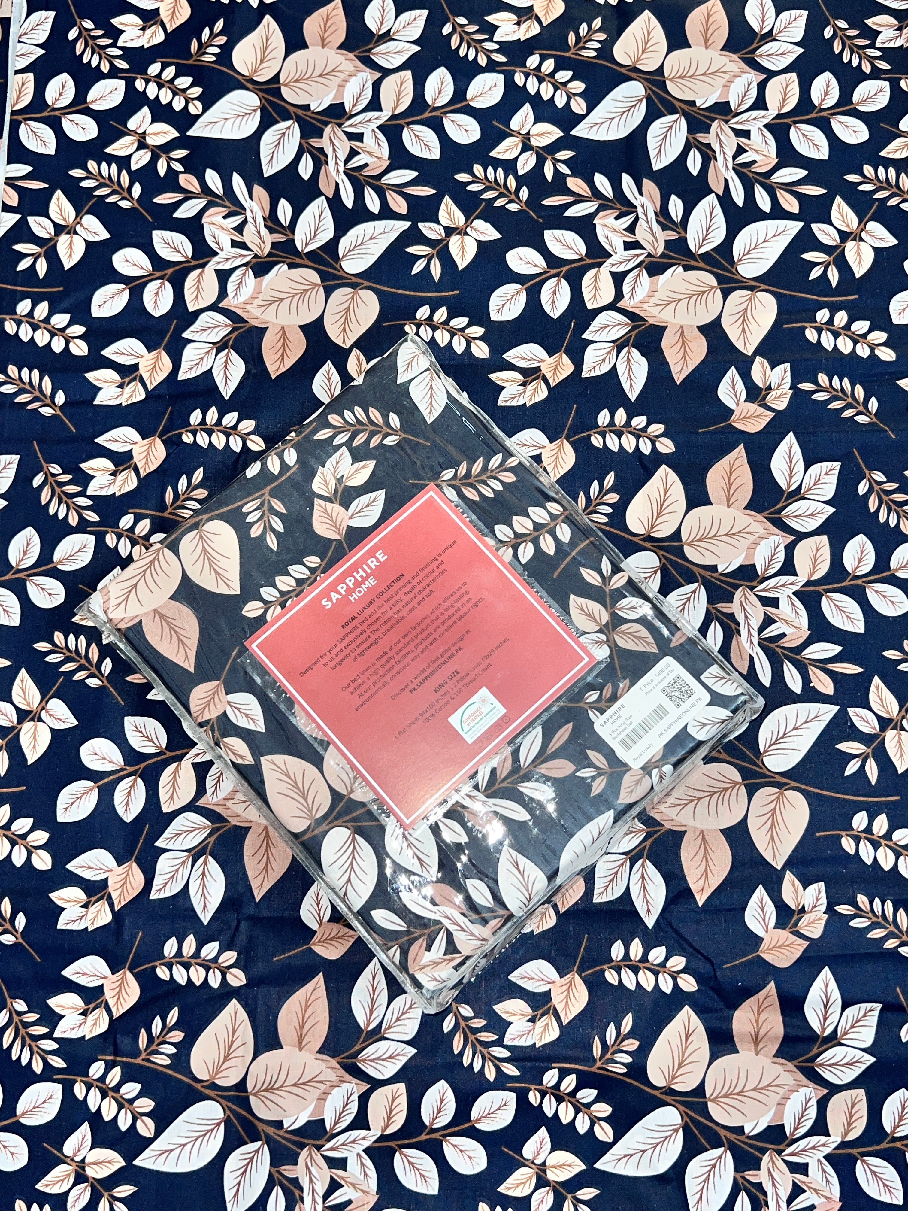 King Size Cotton Flat Bedsheet Set | Dark Blue Floral Print | With 2 Stitched Pillow Covers