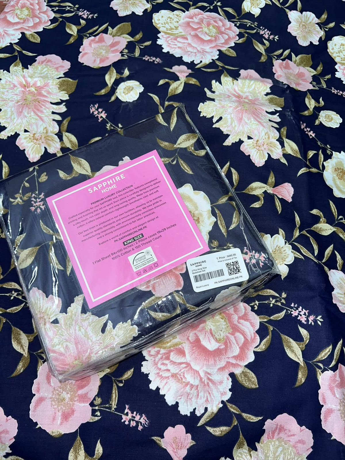 King Size Cotton Flat Bedsheet Set | Dark Blue Pink Floral Print | With 2 Stitched Pillow Covers