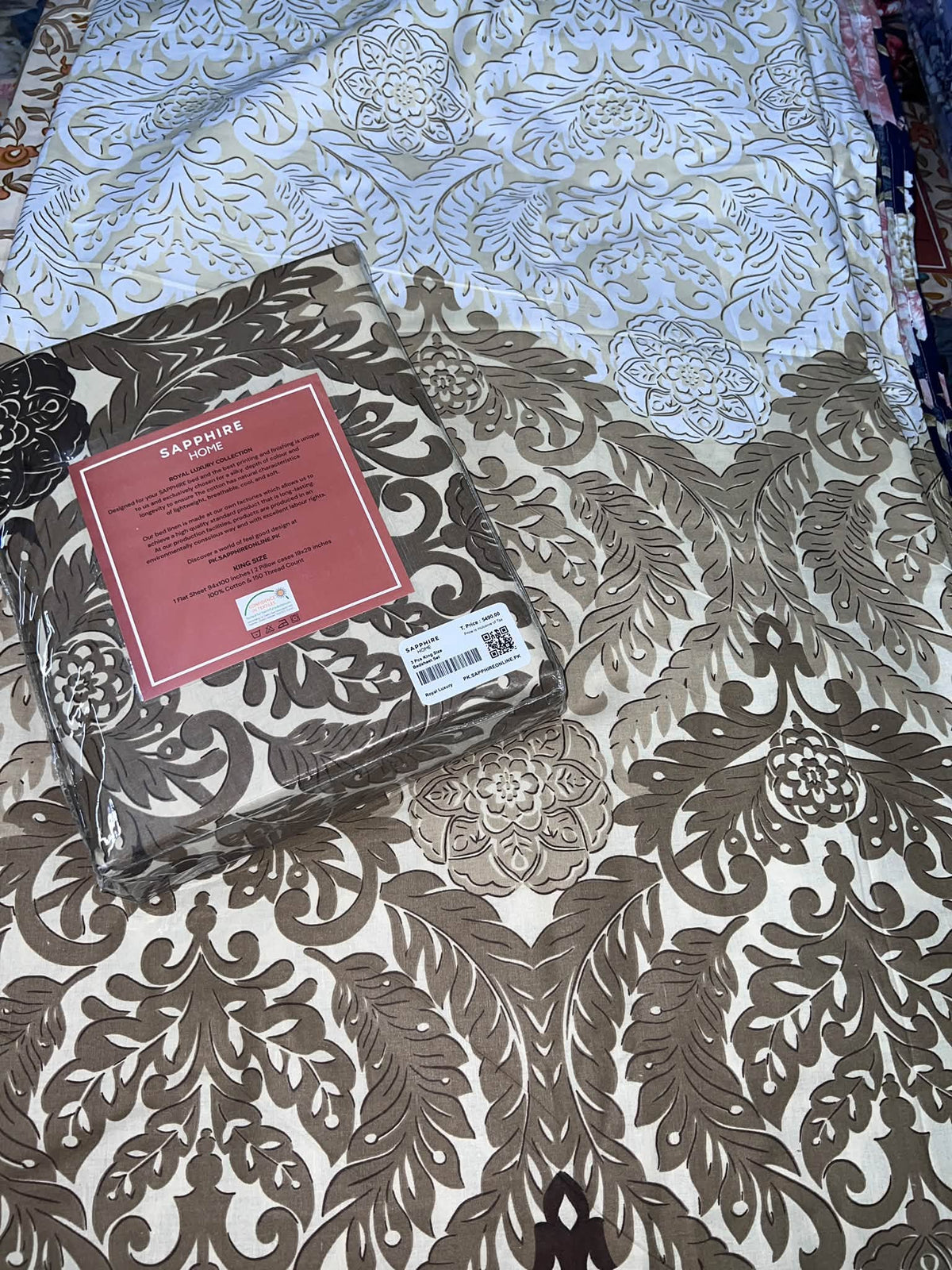 King Size Cotton Flat Bedsheet Set | Dark Brown Off White Floral Print | With 2 Stitched Pillow Covers