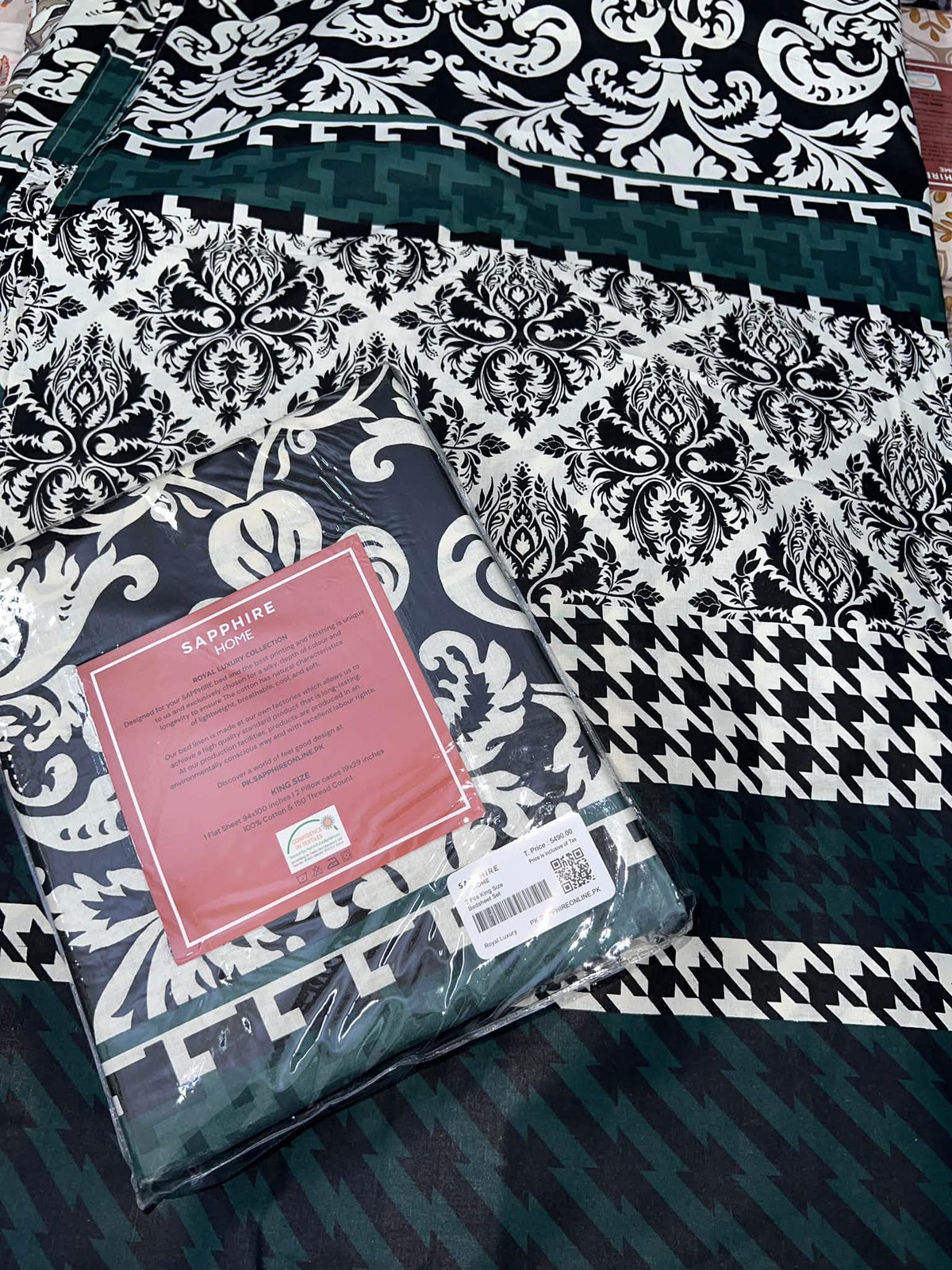 King Size Cotton Flat Bedsheet Set | Dark Green Black Floral Print | With 2 Stitched Pillow Covers