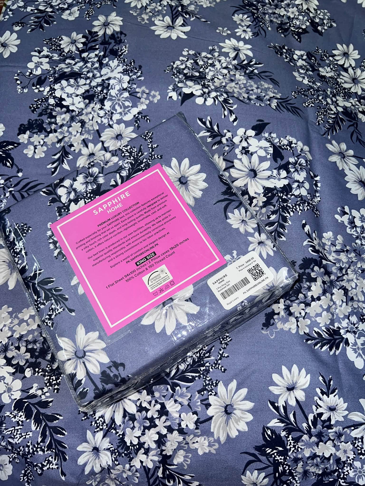 King Size Cotton Flat Bedsheet Set | Blue  White Floral Print | With 2 Stitched Pillow Covers