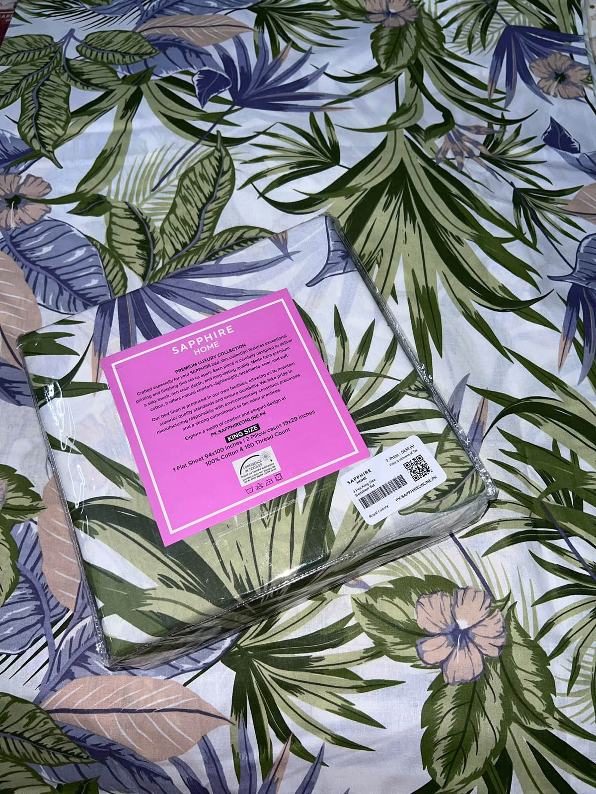 King Size Cotton Flat Bedsheet Set | Green Blue Floral Print | With 2 Stitched Pillow Covers