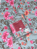 King Size Cotton Flat Bedsheet Set | Grey Floral Print | With 2 Stitched Pillow Covers