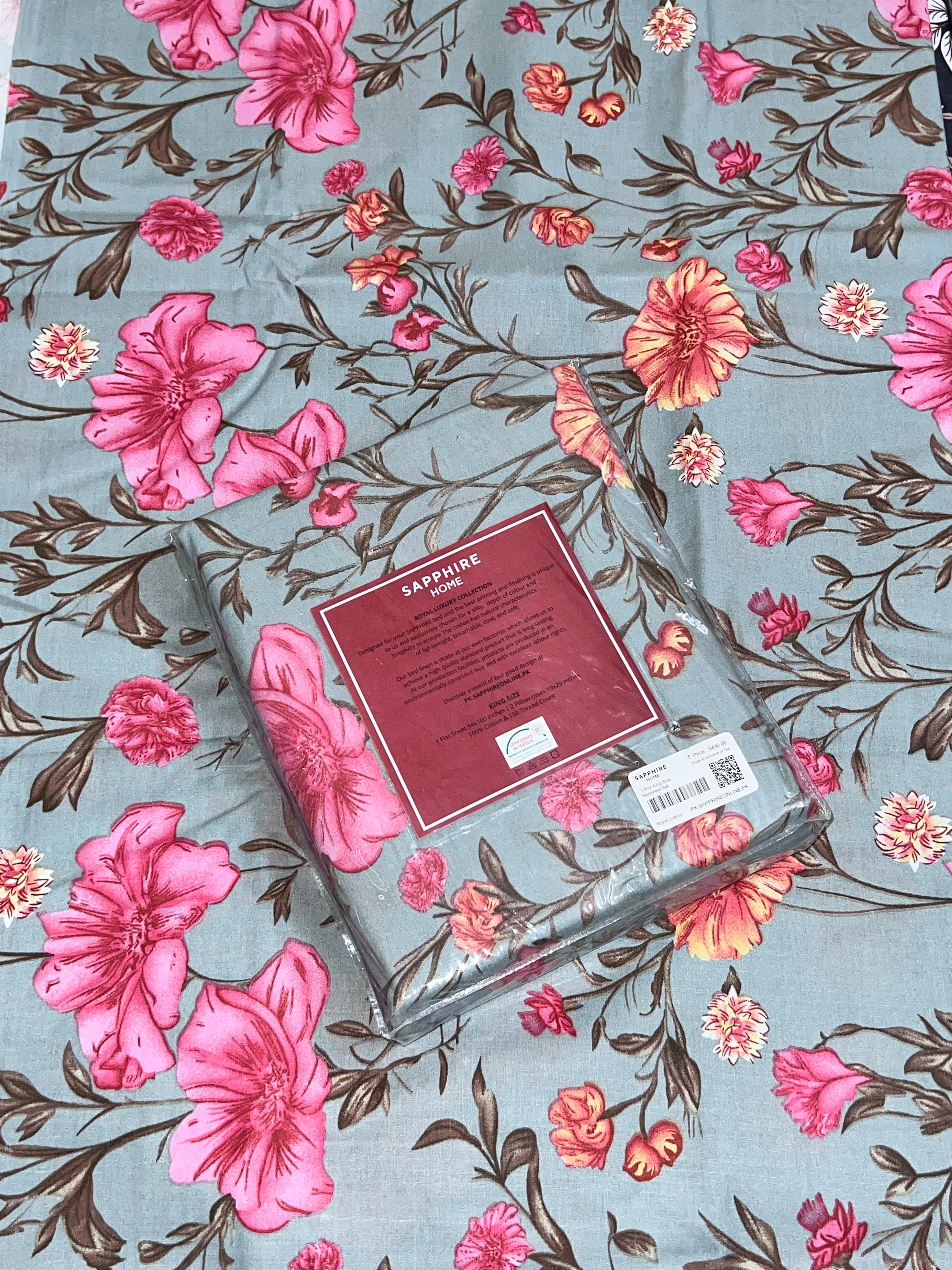 King Size Cotton Flat Bedsheet Set | Grey Floral Print | With 2 Stitched Pillow Covers