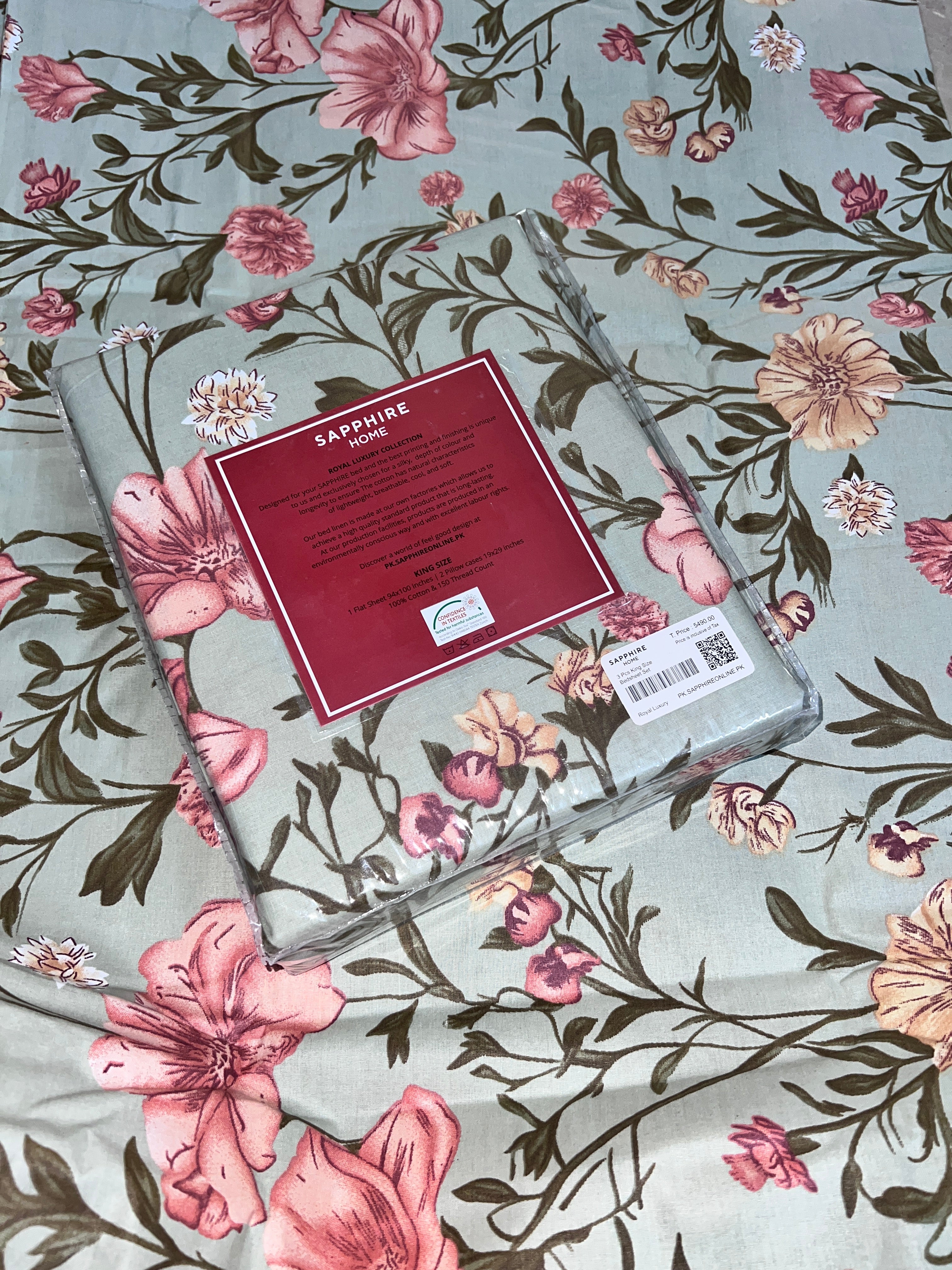 King Size Cotton Flat Bedsheet Set | Grey Green Floral Print | With 2 Stitched Pillow Covers
