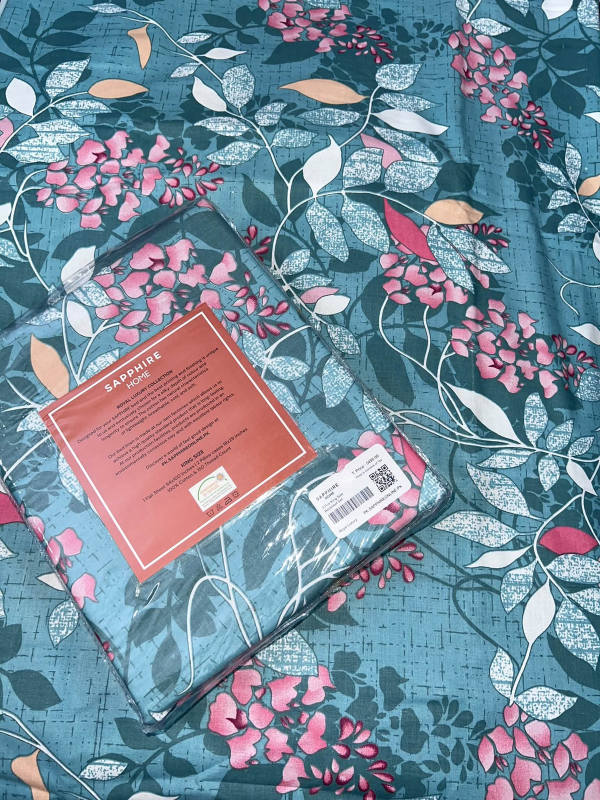 King Size Cotton Flat Bedsheet Set | Light Blue Floral Print | With 2 Stitched Pillow Covers