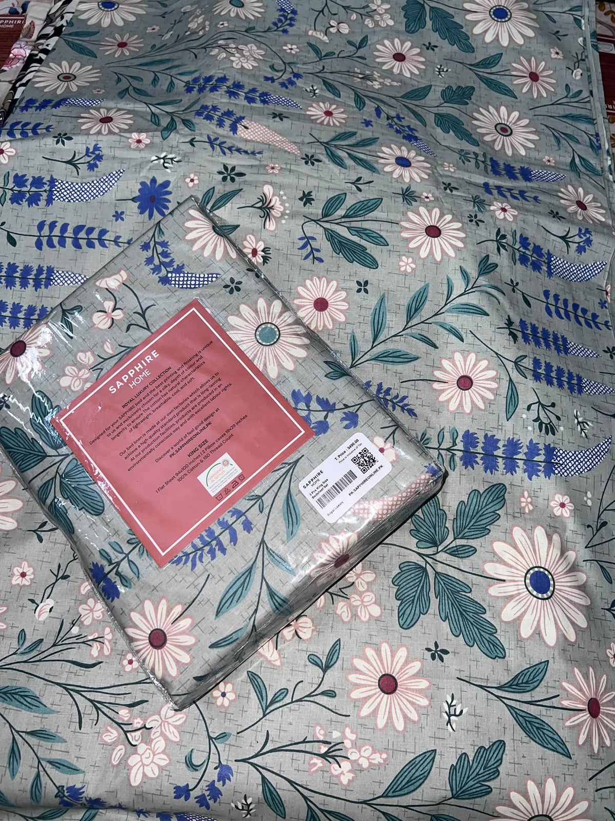 King Size Cotton Flat Bedsheet Set | Light Sea Green Floral Print | With 2 Stitched Pillow Covers