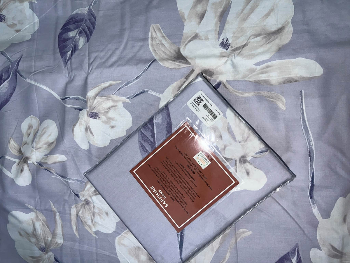 King Size Cotton Flat Bedsheet Set | Lilac White Floral Print | With 2 Stitched Pillow Covers