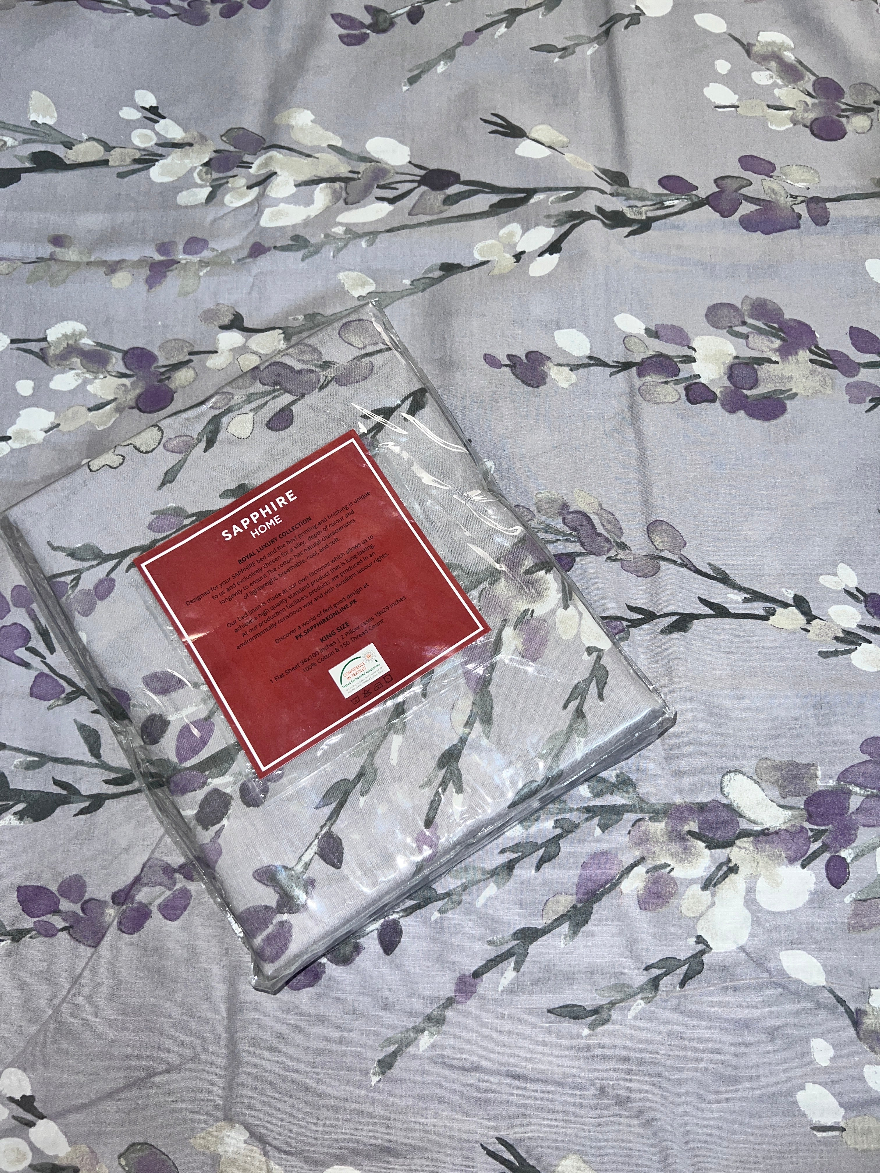 King Size Cotton Flat Bedsheet Set | Lilac Floral Print | With 2 Stitched Pillow Covers