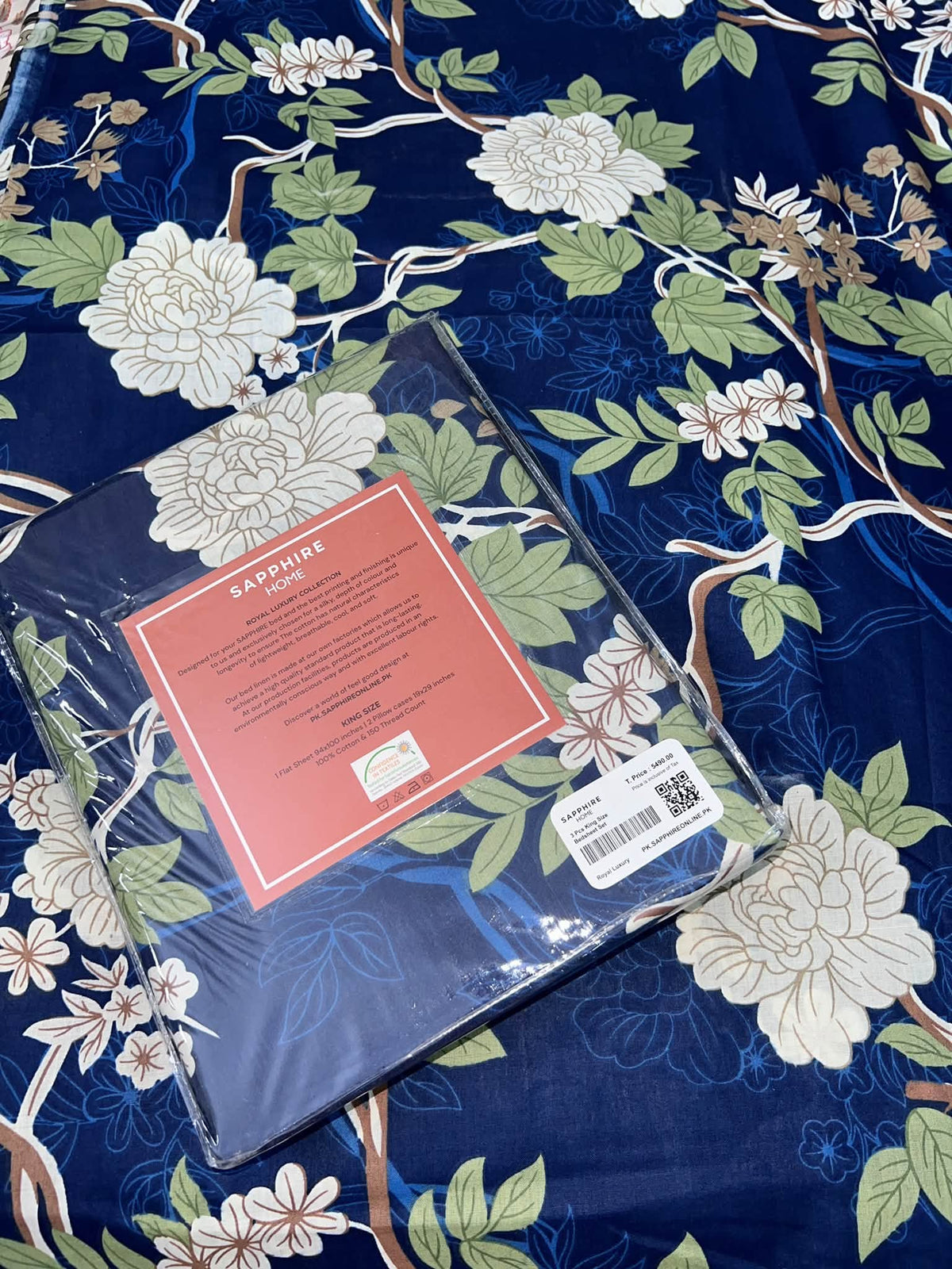 King Size Cotton Flat Bedsheet Set | Navy Blue Green Floral Print | With 2 Stitched Pillow Covers