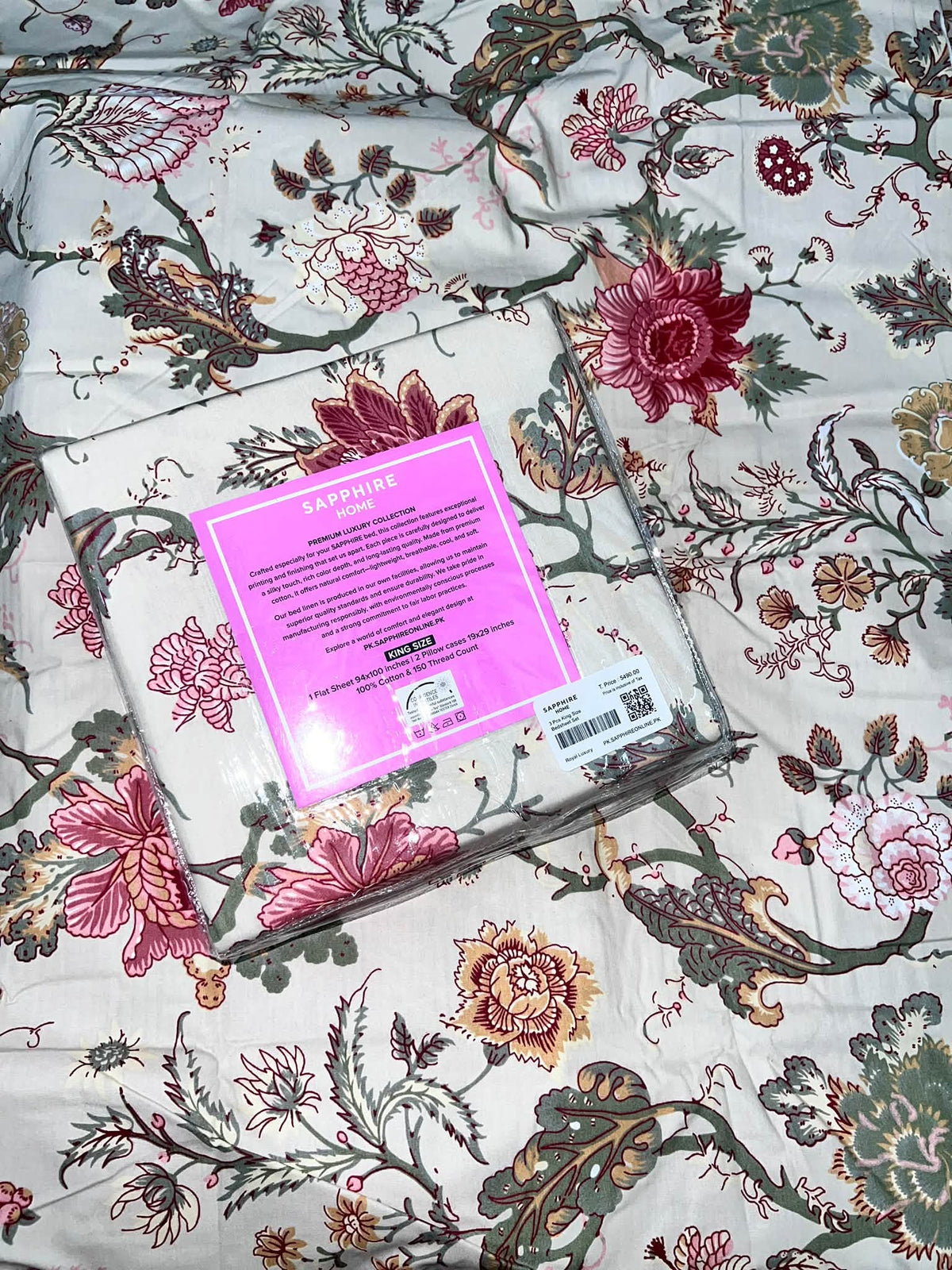 King Size Cotton Flat Bedsheet Set | Off White Red Floral Print | With 2 Stitched Pillow Covers