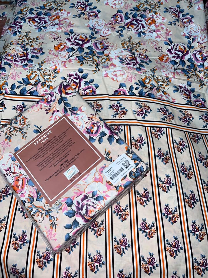 King Size Cotton Flat Bedsheet Set | Off White Floral Print | With 2 Stitched Pillow Covers