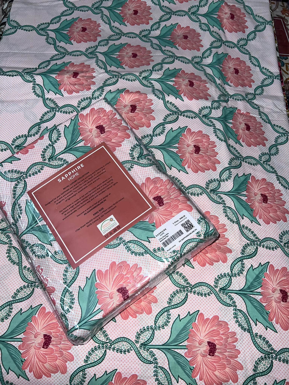King Size Cotton Flat Bedsheet Set | Peach Floral Print | With 2 Stitched Pillow Covers