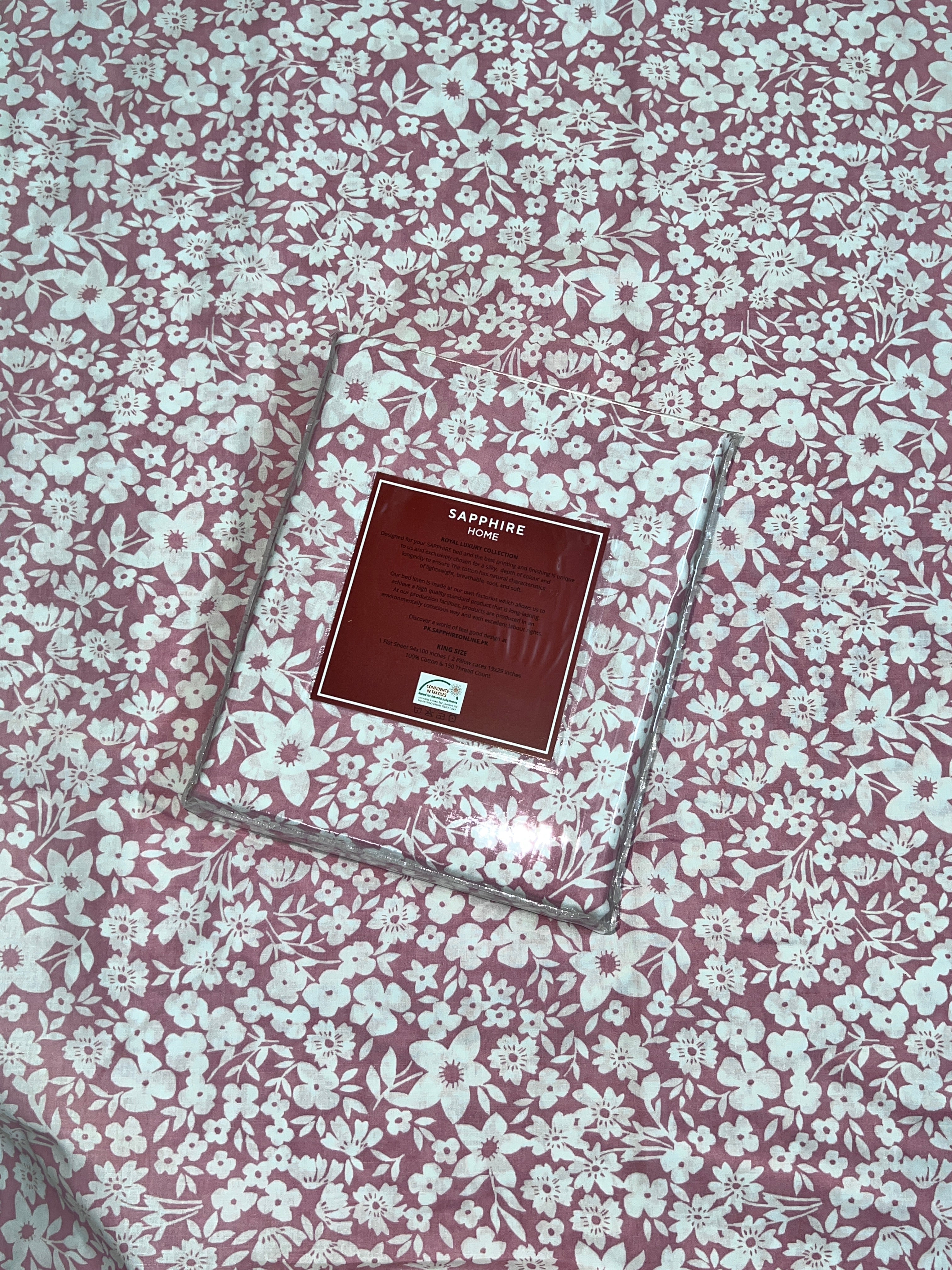 King Size Cotton Flat Bedsheet Set | Pink Floral Print | With 2 Stitched Pillow Covers