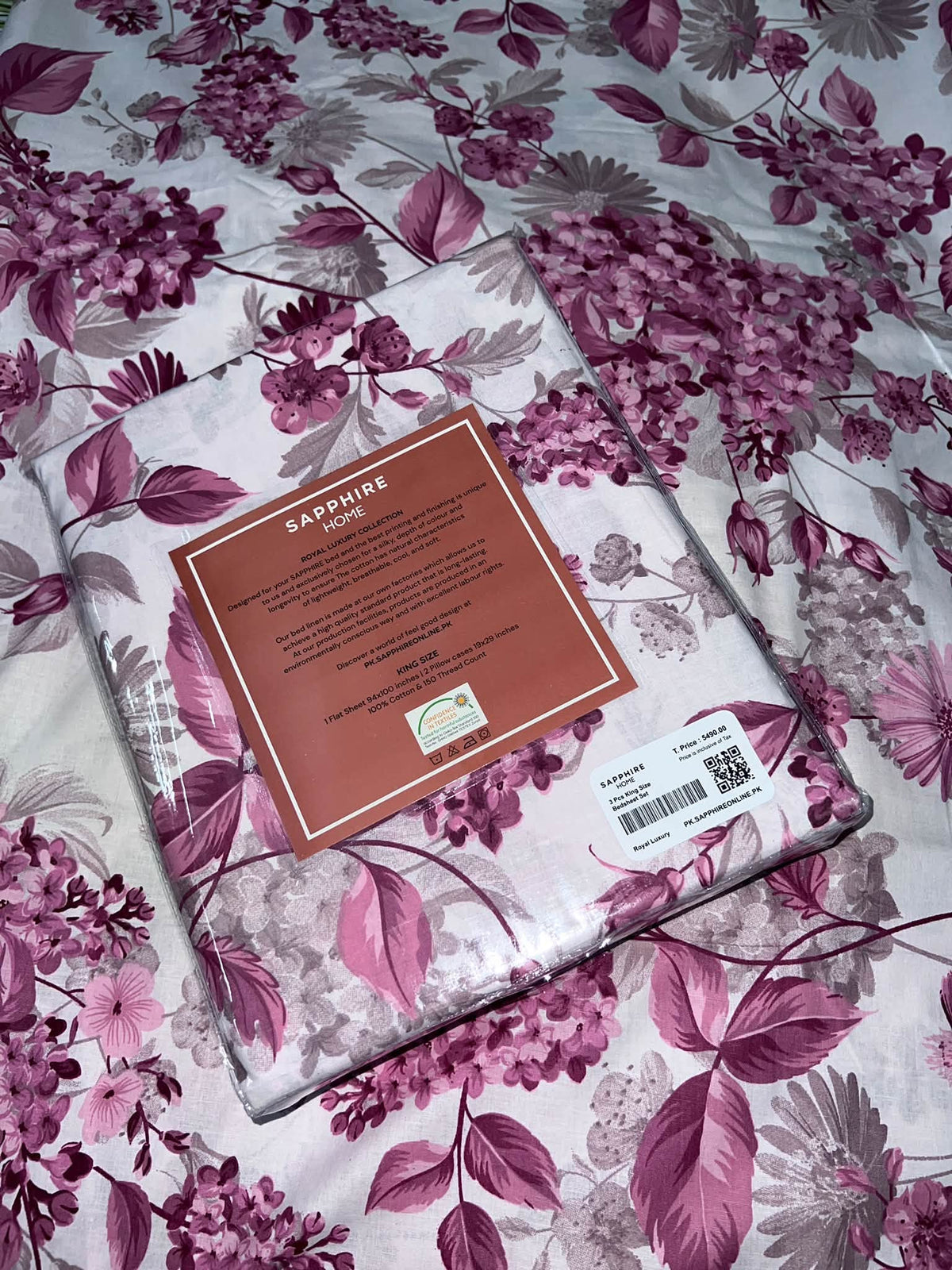 King Size Cotton Flat Bedsheet Set |Pink White Floral Print | With 2 Stitched Pillow Covers
