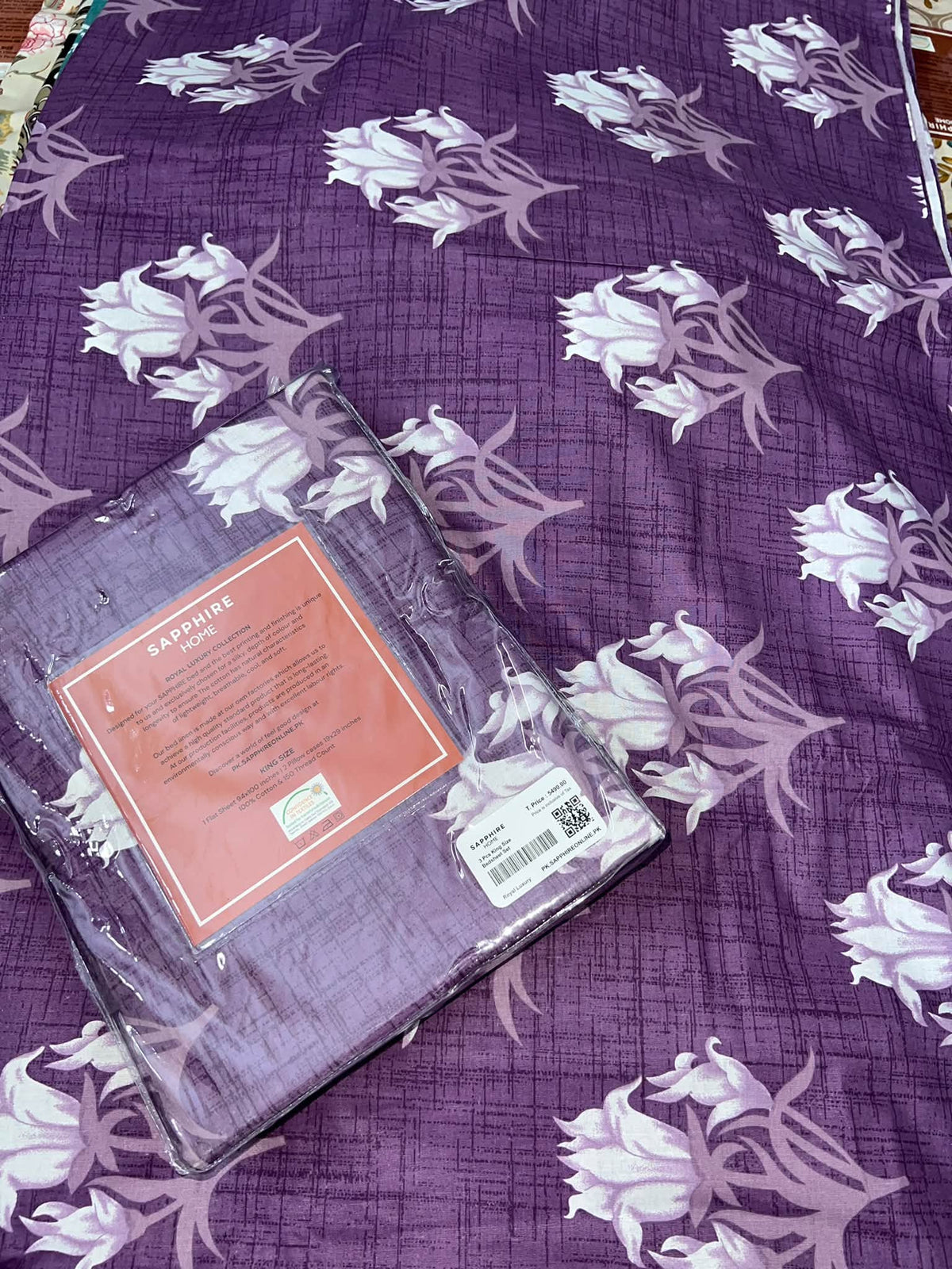 King Size Cotton Flat Bedsheet Set | Purple White Floral Print | With 2 Stitched Pillow Covers