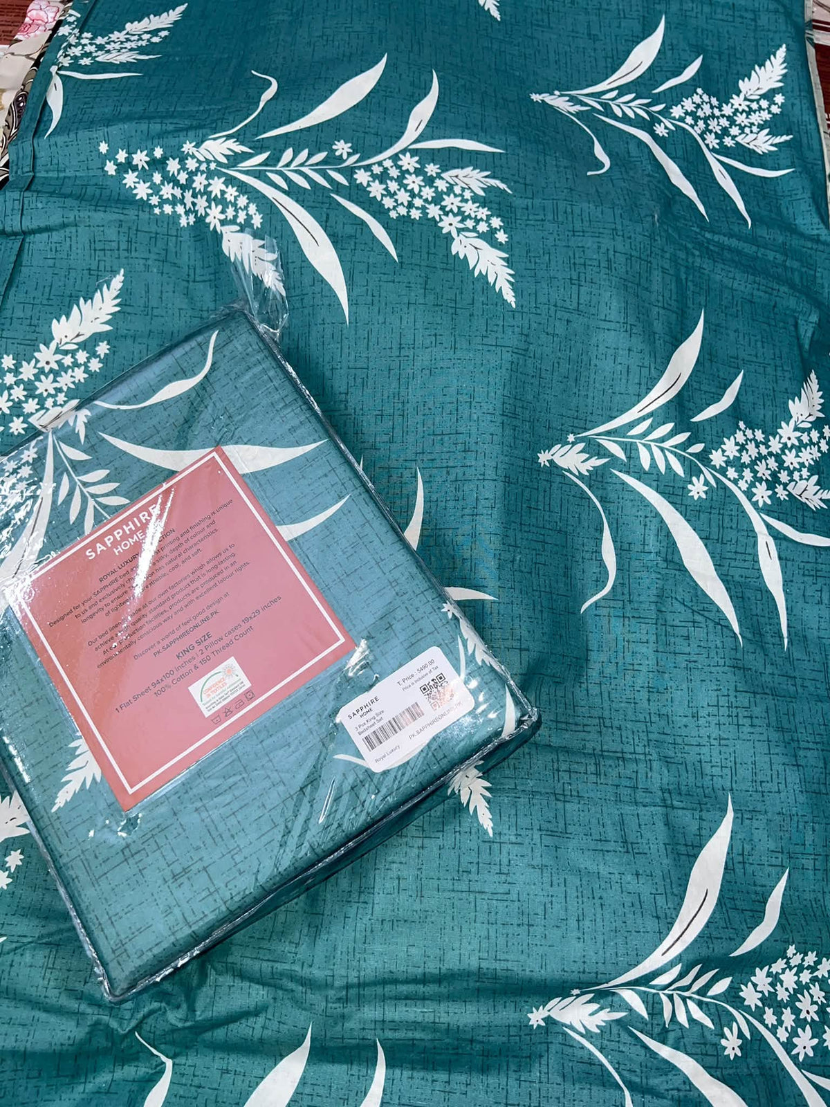 King Size Cotton Flat Bedsheet Set | Sea Green White Print | With 2 Stitched Pillow Covers