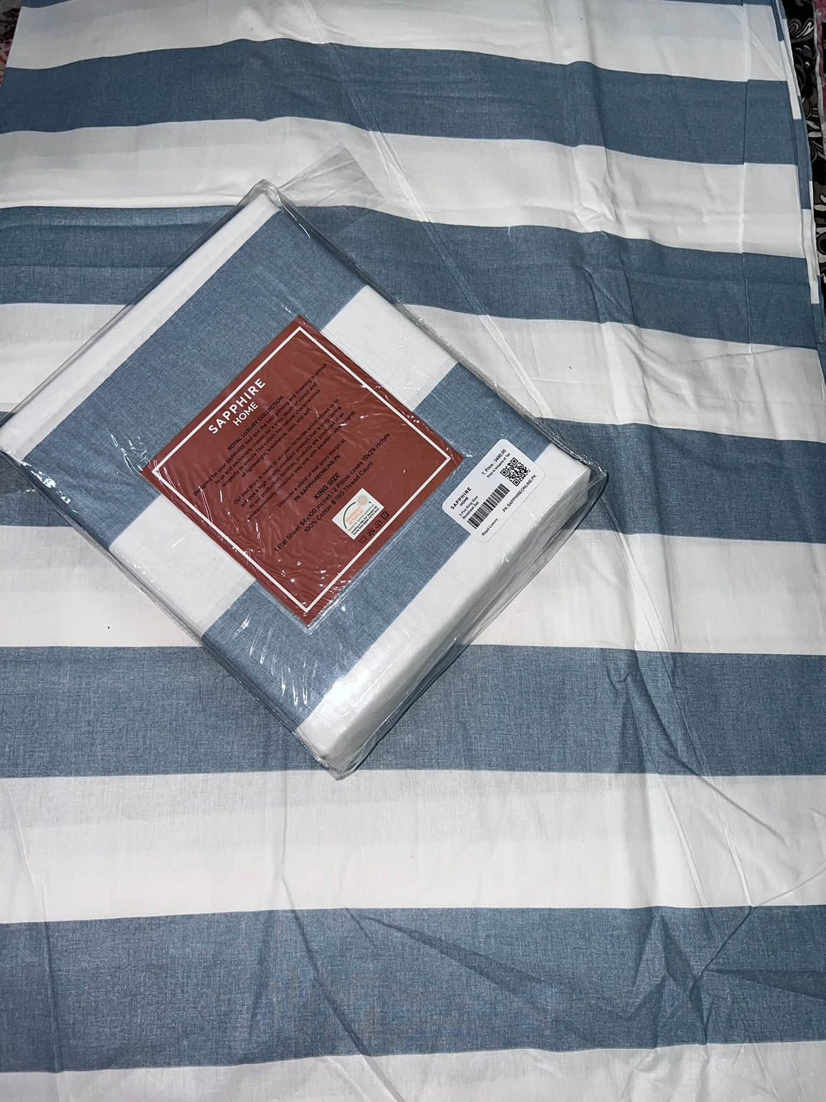 King Size Cotton Flat Bedsheet Set | Sky Blue Lining Print | With 2 Stitched Pillow Covers
