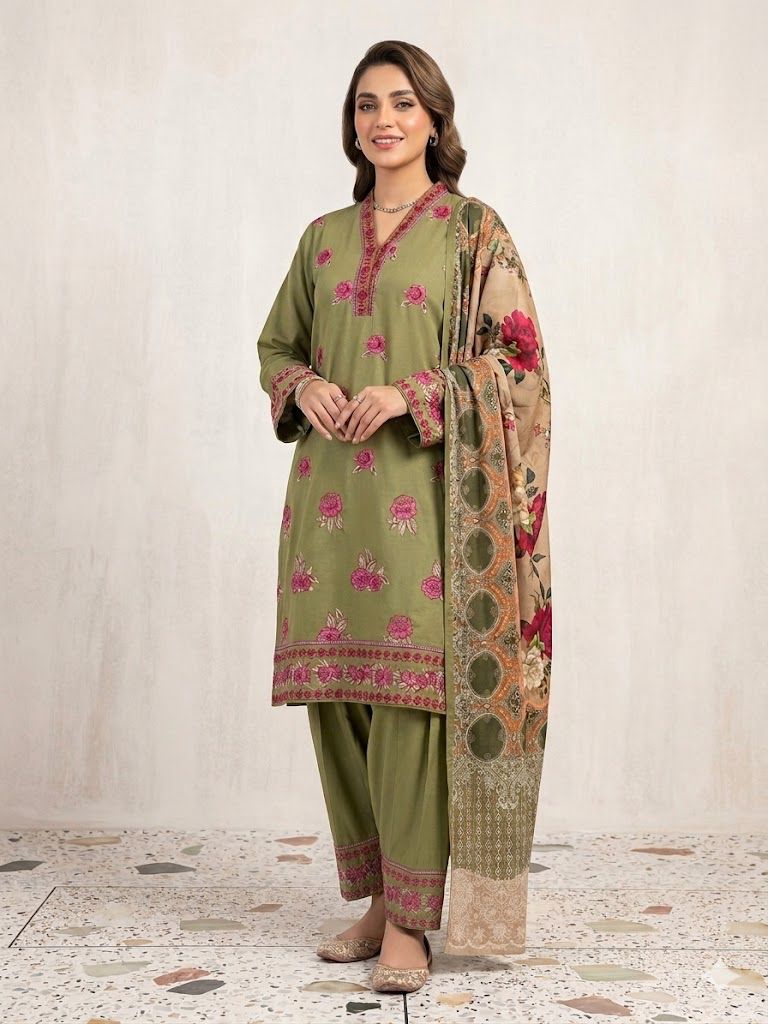 3 Piece Embroidered Cotton Suit – Sleeves, Daman & Neck Work