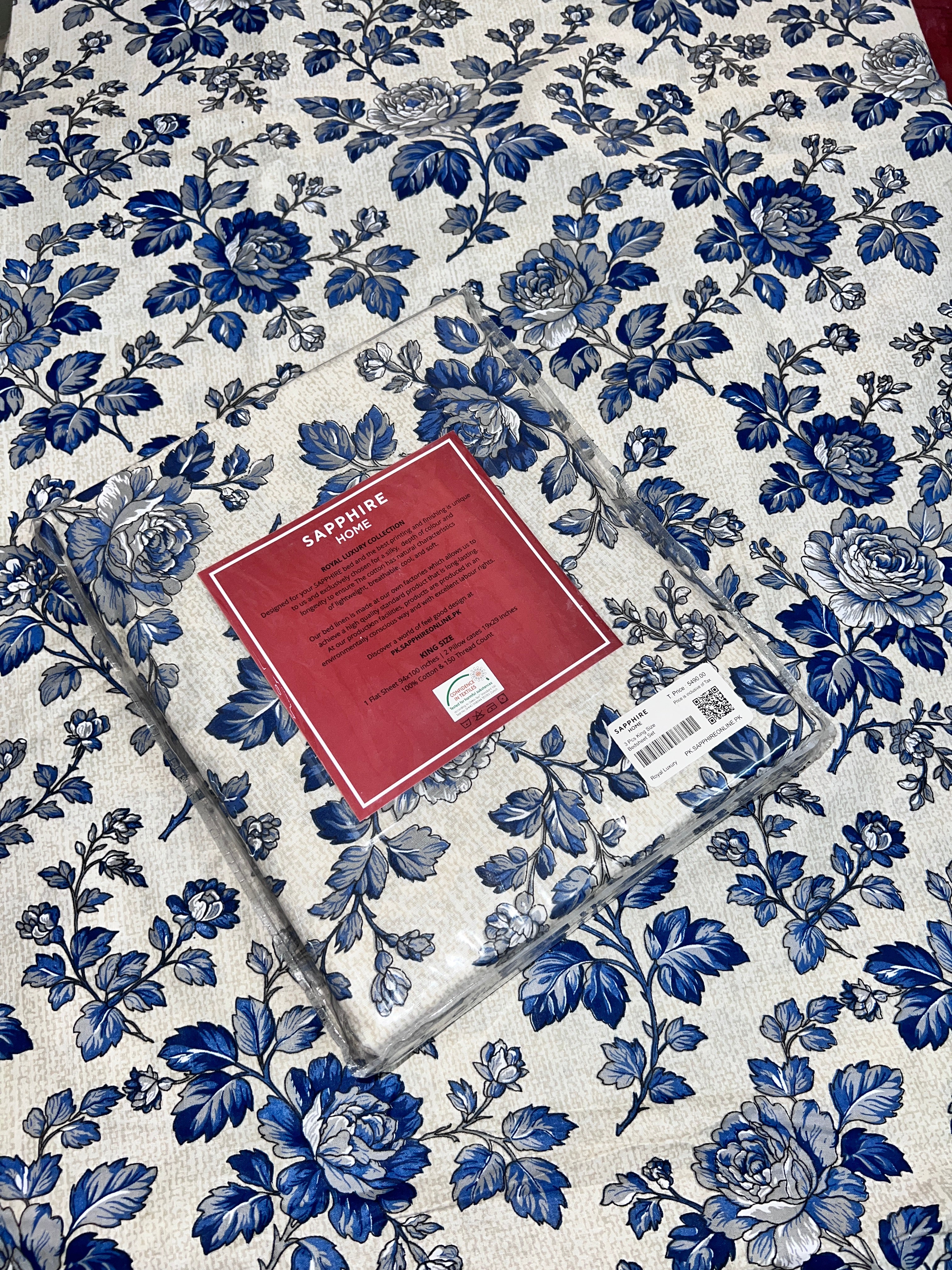 King Size Cotton Flat Bedsheet Set | White Blue Floral Print | With 2 Stitched Pillow Covers
