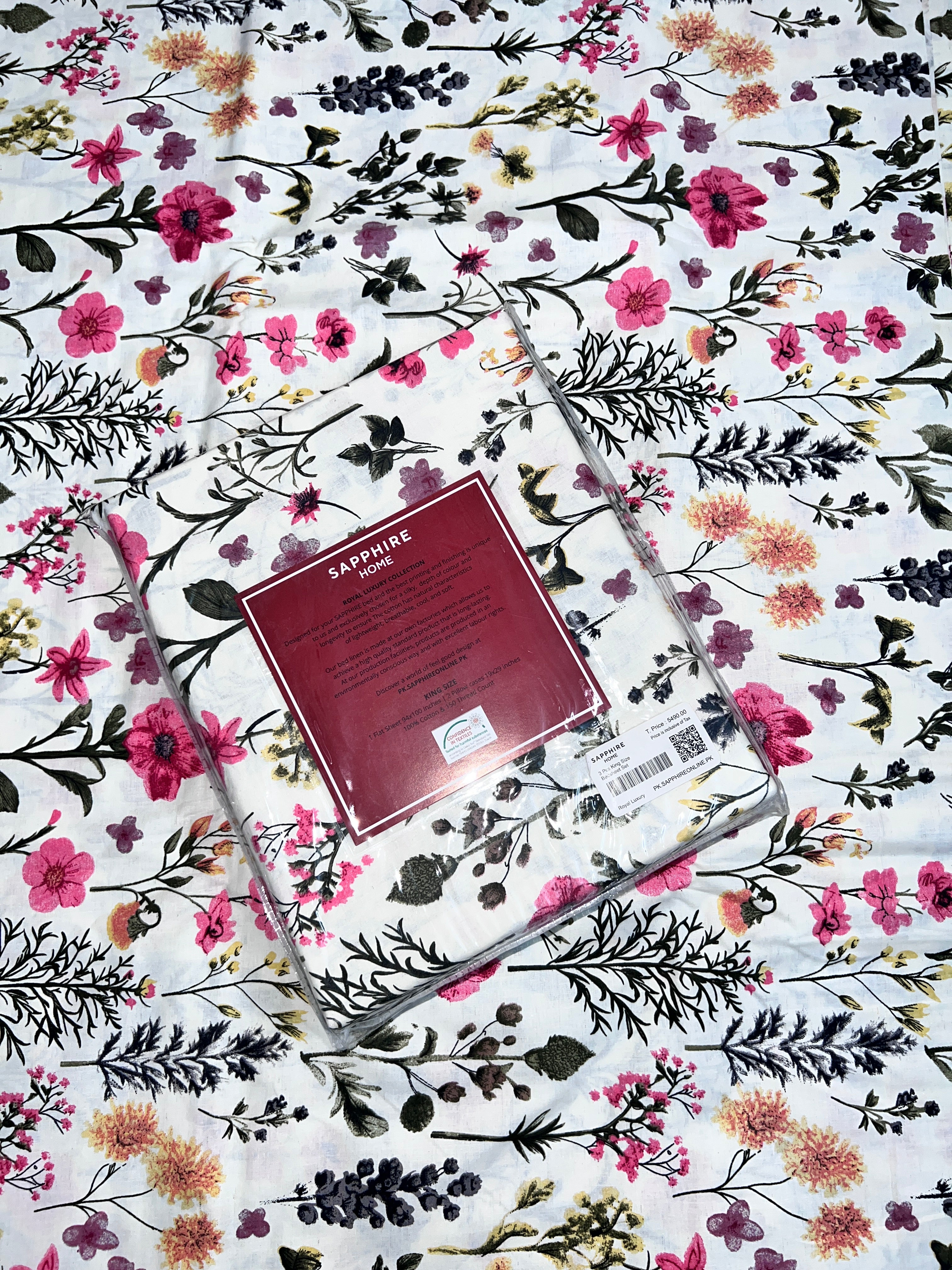 King Size Cotton Flat Bedsheet Set | White Floral Print | With 2 Stitched Pillow Covers